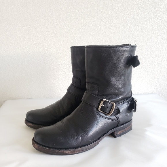 Frye Shoes - Frye Veronica Buckled Strap black leather Motorcycle short Boots Moto 7.5